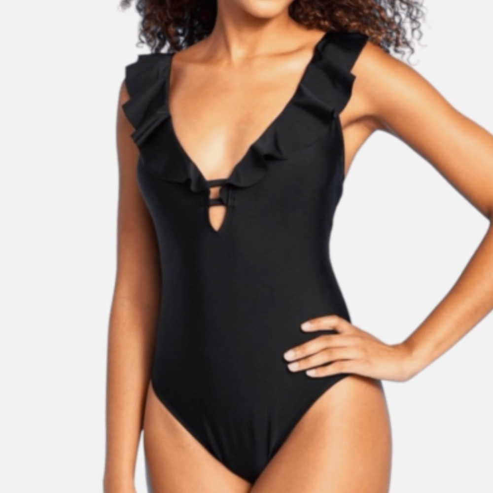 Shade & Shore Black Ruffles Plunge Keyhole Womens One Piece Swimsuit M/L NEW